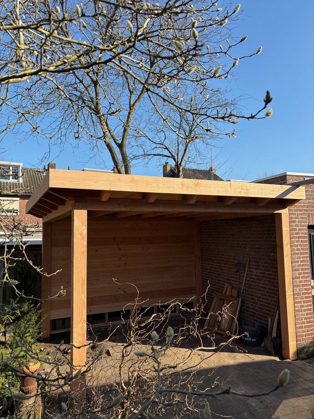 Strakke douglas overkapping met magnolia in bloei tegen blauwe lucht